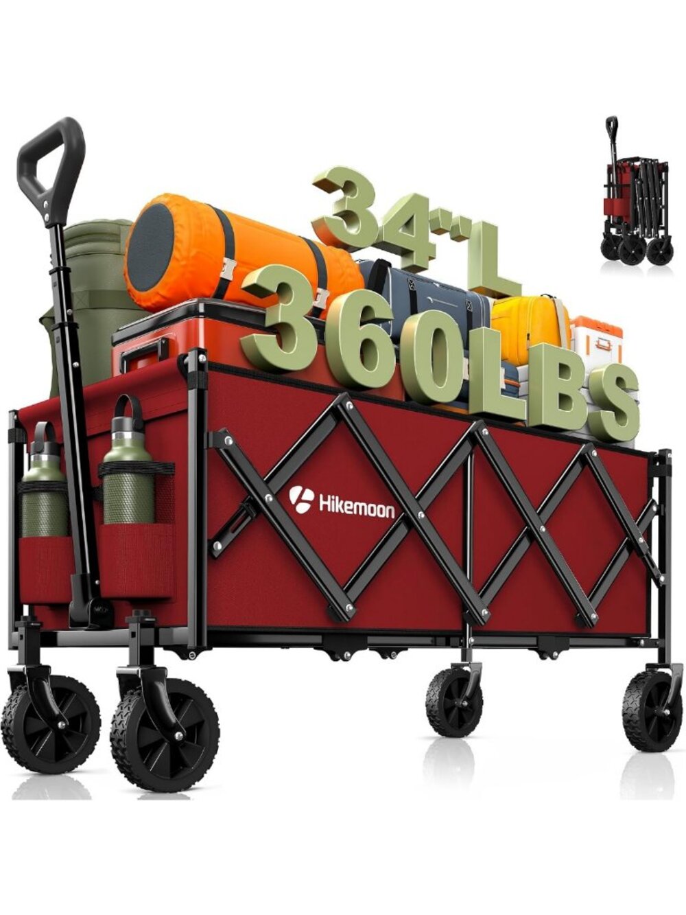 Extra Long 34'' Folding Portable Wagon Cart - Heavy Duty 360LBS Capacity, Red